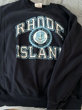 Champion Black Crewneck Sweatshirt with Light Blue Rhode Island Graphic